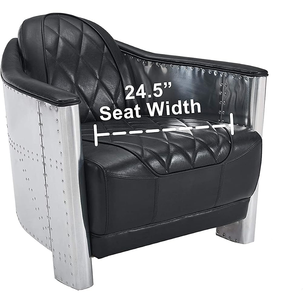 ARTIZANSTORE Genuine Leather Chair, Century Modern Vintage Genuine Leather Accent Arm Chair with Vintage Aluminum Spitfire Chair (Black)