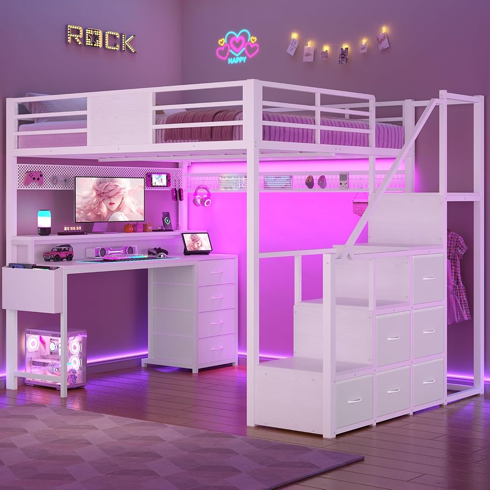 BTHFST Full Size Loft Bed with 55.5" Desk and Storage Stairs, White