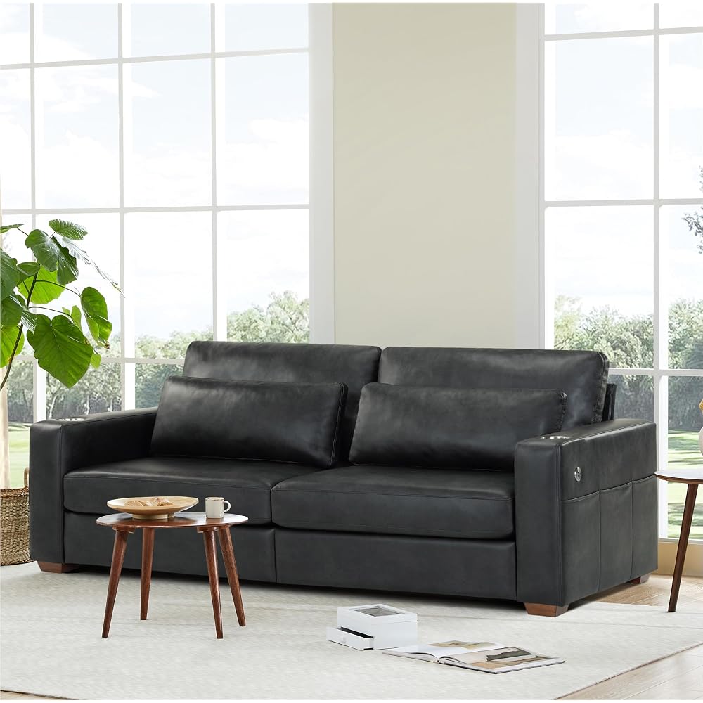 KISLOT 89" Sofa Couch for Living Room Faux Leather Upholstered Couch with Deep Seats and Wide Armrests 3 Seater Comfy Sofa with Cup Holders, USB & Type-C Ports, Spring Cushion, Solid Wood Frame Black