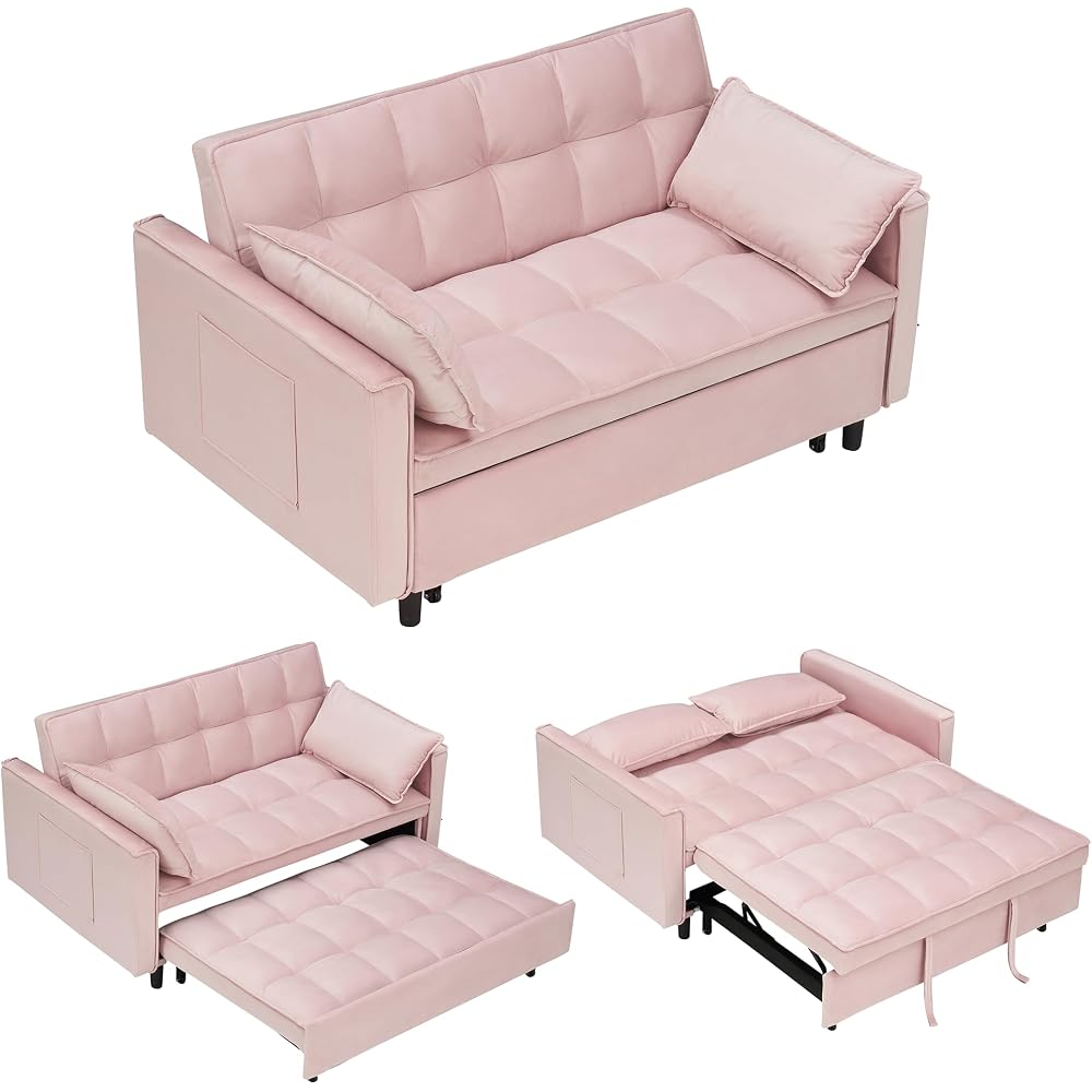 55" Modern Velvet Loveseat Sleeper Sofa, 3-in-1 Convertible Pull-Out Bed with Adjustable Backrest, 2 Pillows & Side Pockets, Small Pull Out Couch for Living Room, Apartment(Pink)
