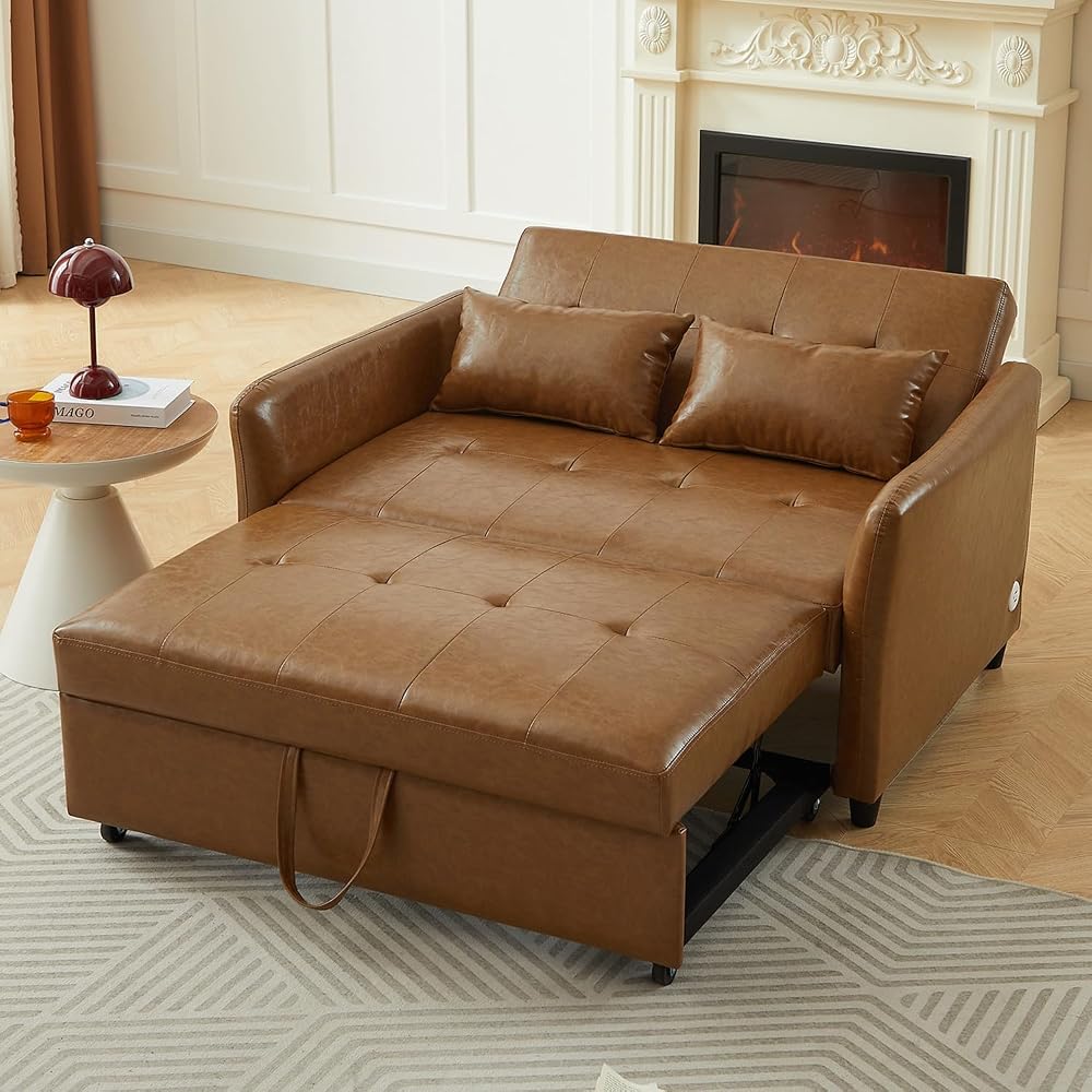PU Leather Sofa Bed - 51.57" Brown Convertible Loveseat Sleeper Sofa with Pull-Out Couch Bed, 3 USB Charging Ports, Compact Faux Leather Couch for Living Room, Bedroom, Apartment