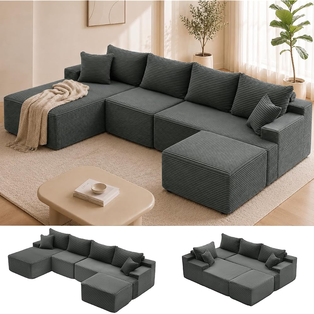 Mangodan 118'' Boneless Couch, U Shaped Couches for Living Room, Gray