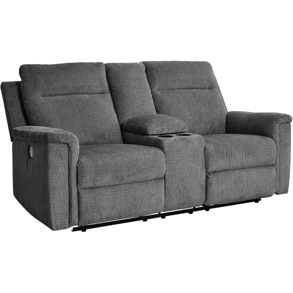 Signature Design by Ashley Barnsana Minimalist Power Reclining Loveseat with Console and USB Charging Ports, Gray