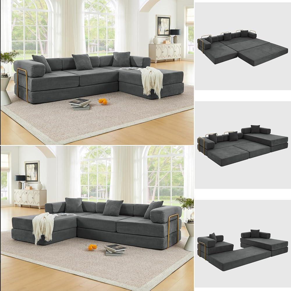 ivoros 108" Modular Sectional Sofa,Futon Convertible Sofa Bed,Oversized Corduroy Boneless Couch for Living Room,Floor Loveseat Sleeper with Pull Out Bed,Free Combination,No Assembly Required (Grey)