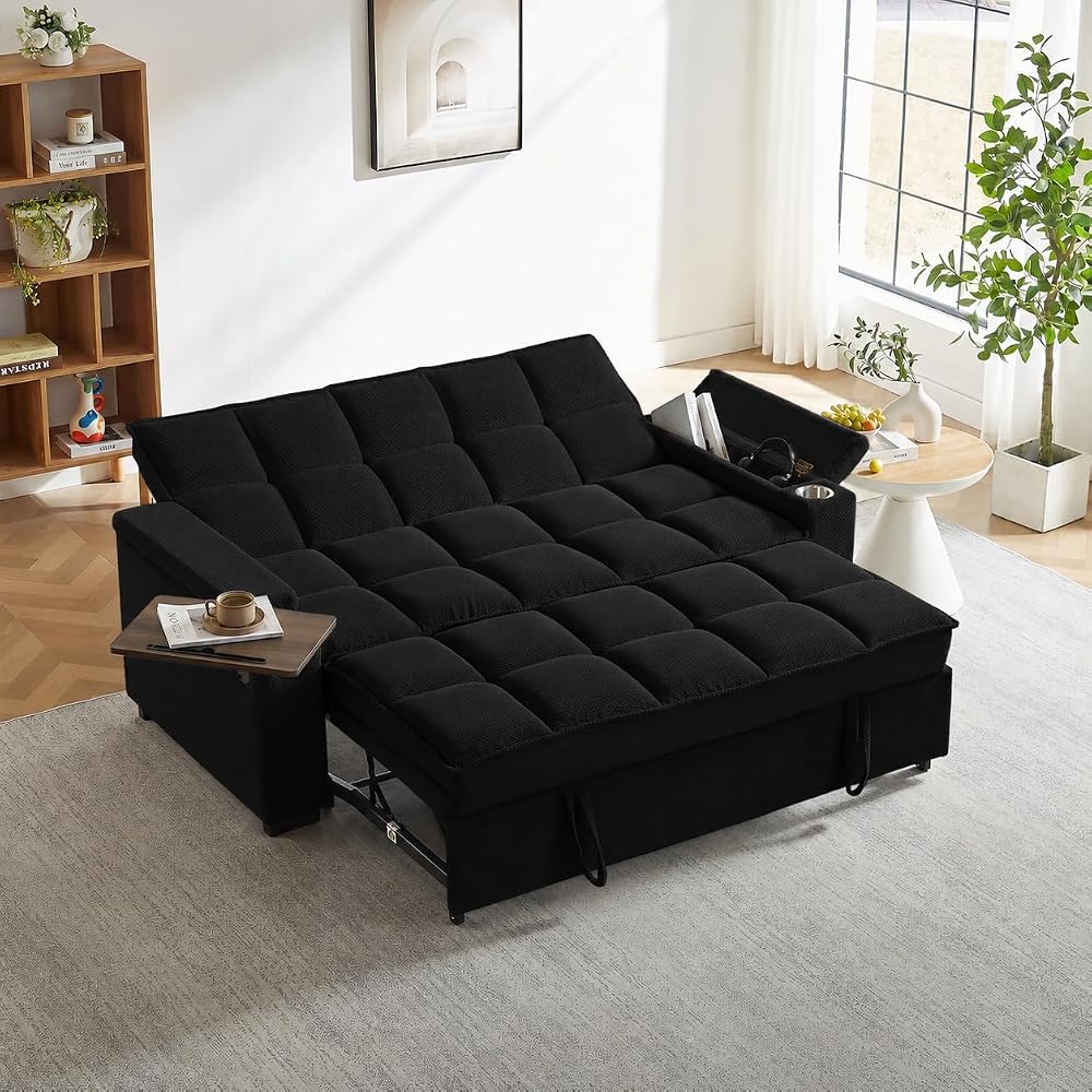 hansones 74" Convertible Sleeper Sofa Bed with Swivel Table & Storage，Black