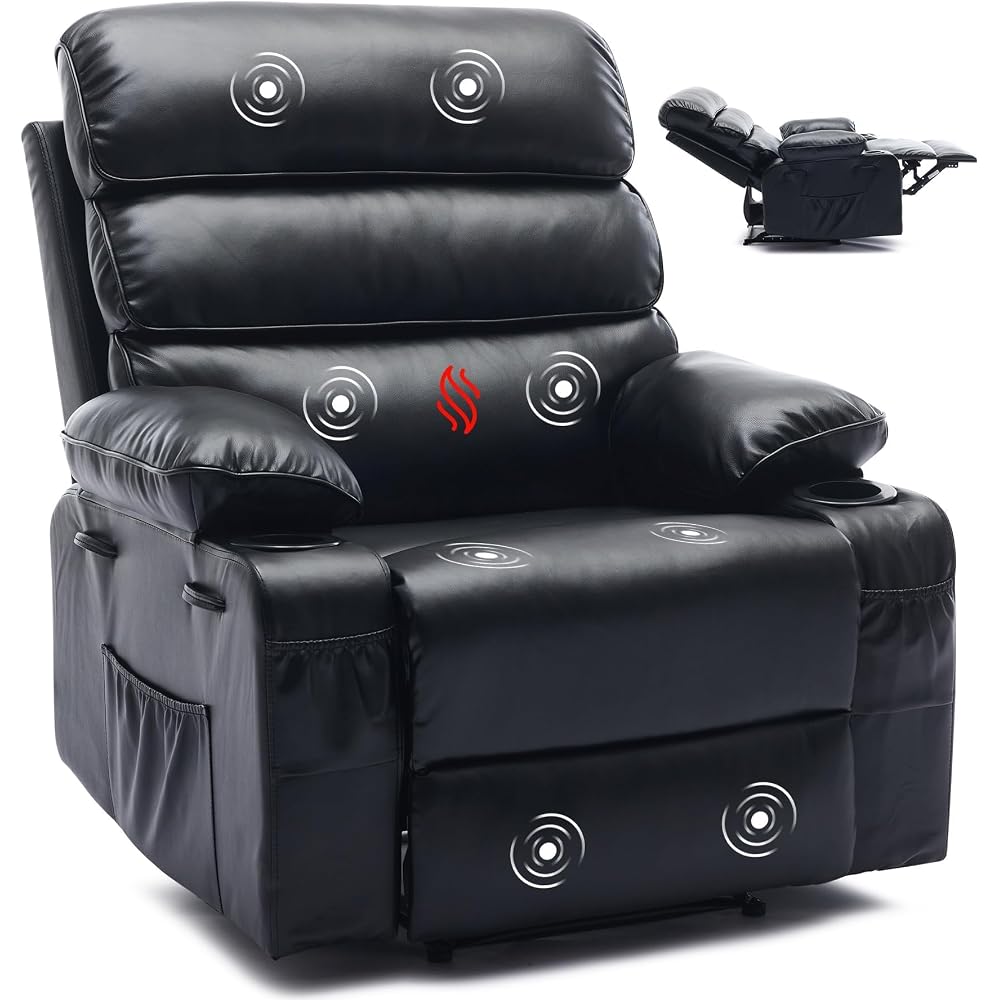 Extra Wide PU Leather Manual Recliner Chair for Adults with Massage & Heat, Oversized Lazy Lounge Chair with 1.5× Thickened Sponge Armrests & Backrest for Ultimate Comfort in Living Room or Bedroom