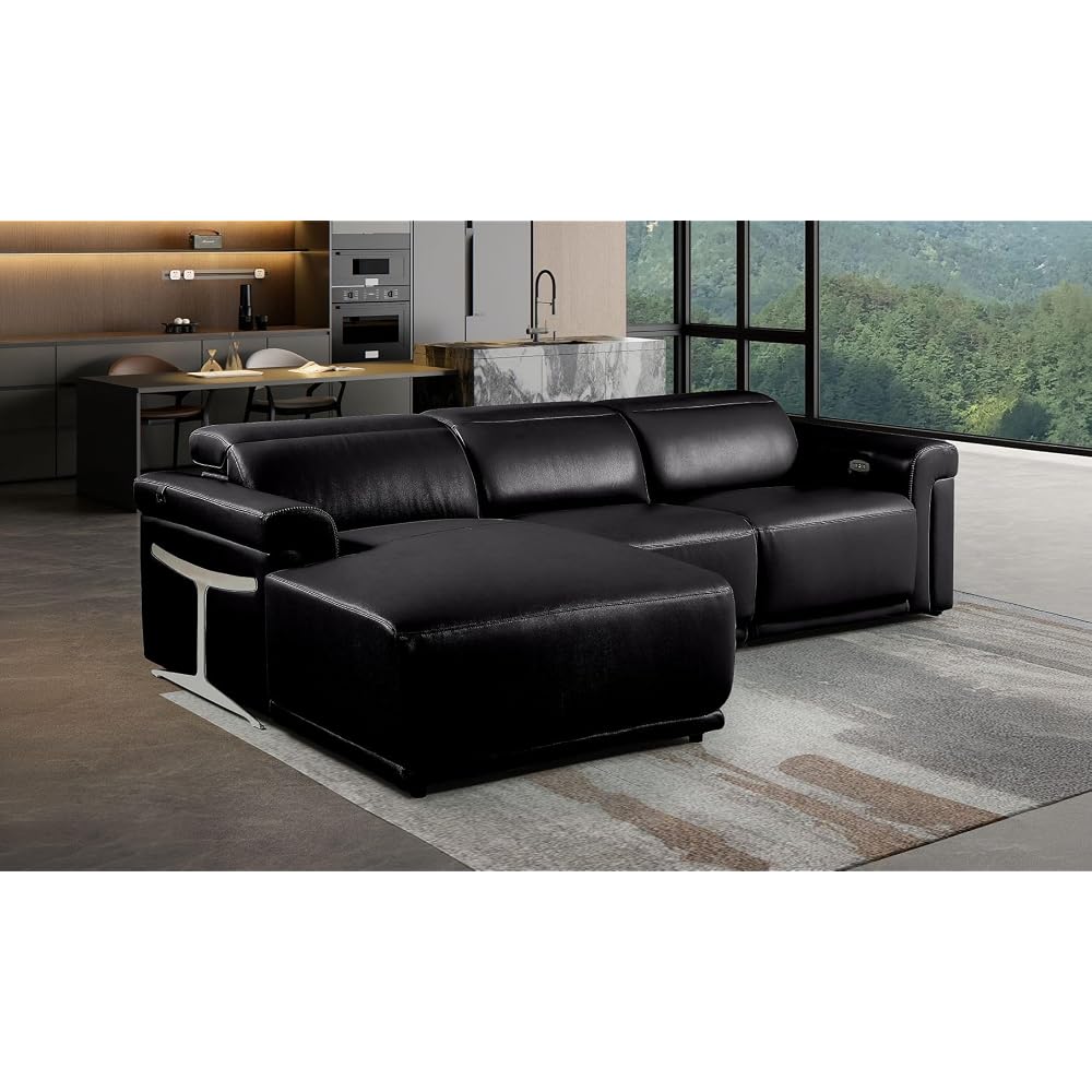 Blackjack Furniture Riccardo 3-Piece Power Reclining Sectional Couch for Living Room with 1 Recliner Seat, Top-Grain Italian Leather, Adjustable Headrests, Left-Facing L-Shape Sofa, Black