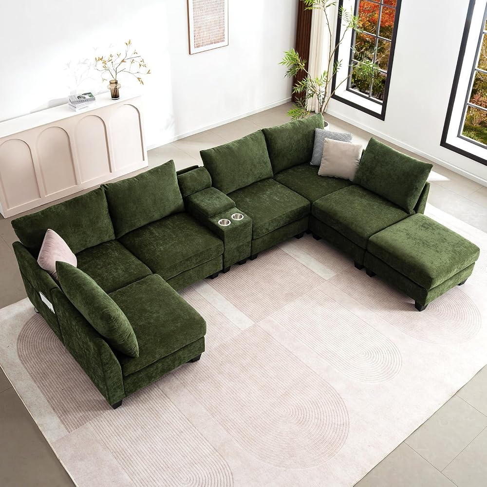 124" U Shaped 7 Seater Sectional Couch with Cup Holders