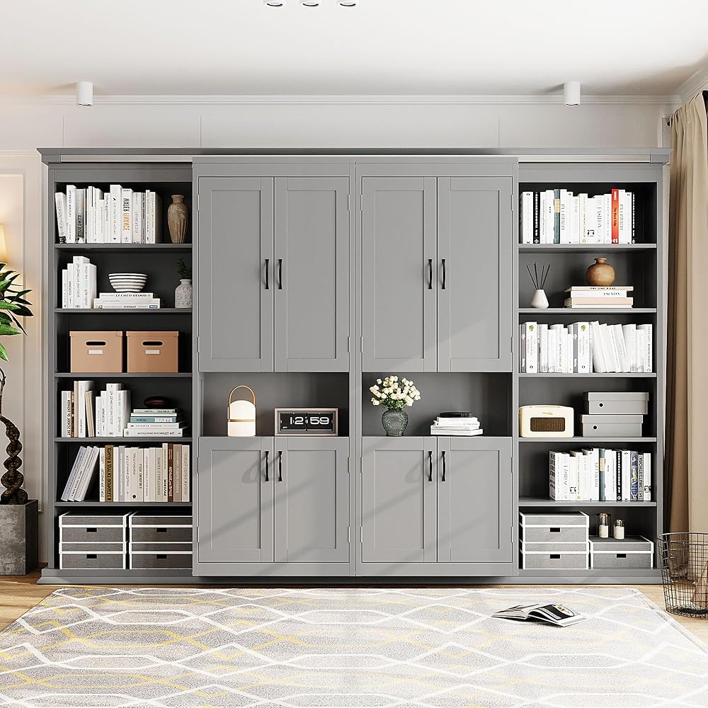 VilroCaz Modern Full Murphy Bed with Dual Sliding Doors Storage Cabinets, Wood Hidden Wall Bed with Dual 6-Tier Side Shelves, Large-Capacity& Space-Saving (Gray-12.9)