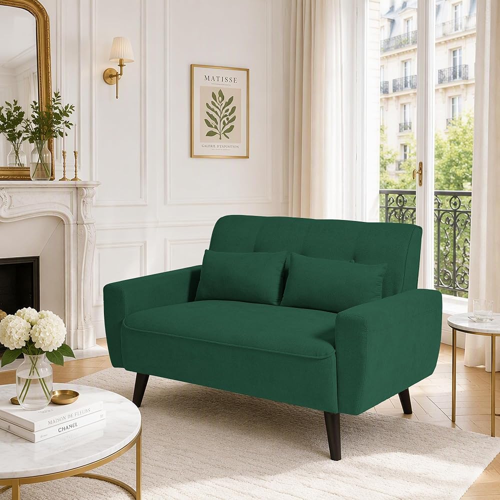 48.8" Small Loveseat Sofa, Mid Century Modern Love Seat Couch with Back Cushions and Plastic Legs, 2 Seater Couches for Living Room, Bedroom, Small Spaces, Green