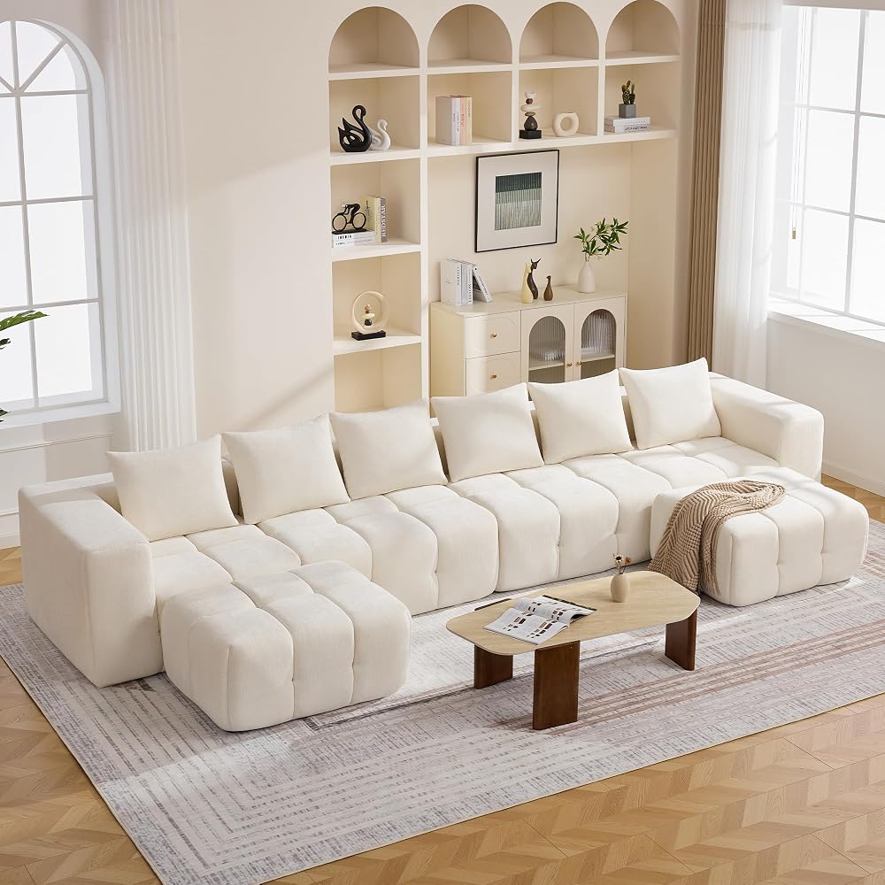 160" Boneless U-Shaped Sofa Couch with 2 Ottoman, 6 Seater Comfy Cloud Sectional Sofas with Deep Seat, Oversized Chenille Sectional Memory Foam Couches for Living Room Bedroom, Tufted Sofa Beige White