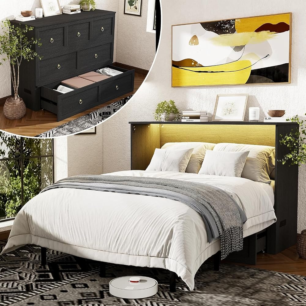 Ihanherry Farmhouse Queen Murphy Bed with Storage Drawer,Cabinet Bed with LED Lights & Charging Station, Space Saving Wall Bed for Small Bedroom/Home Office, Noise Free & Easy Assembly, Black