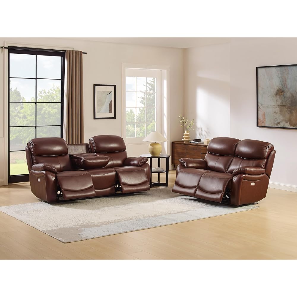 Brown Top Grain Leather Power Recliner Sofa Loveseat Set with USB Port.