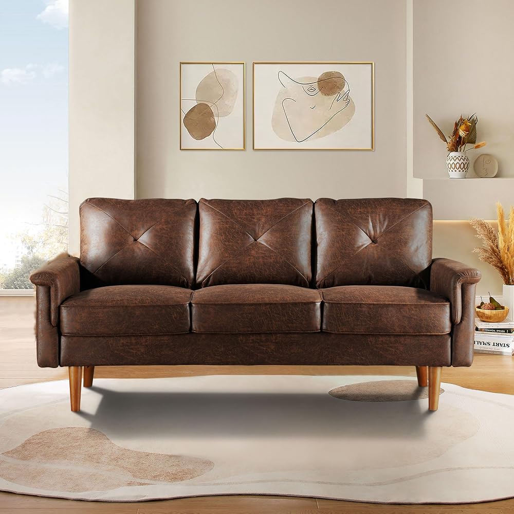 HOOOWOOO 72" Faux Leather Couch Small Sofa Living Room Couch 3 Seater Sofa Modern with Button Tufted Back Cushioned Square Arm for Small Bedroom Apartment,Dark Brown