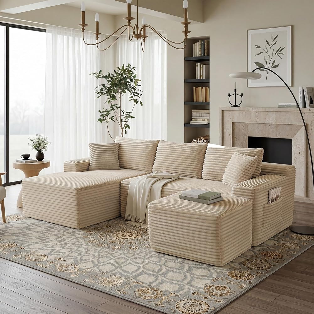 Camel Oversized Sectional Boneless Couches with Ottoman. Left Face Chaise