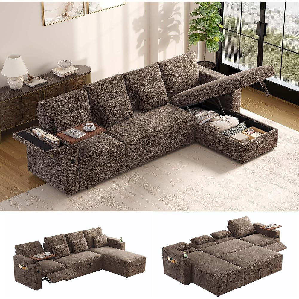 107.8'' Sleeper Sofa Bed, Recliner Pull Out Couches for Living Room, Khaki