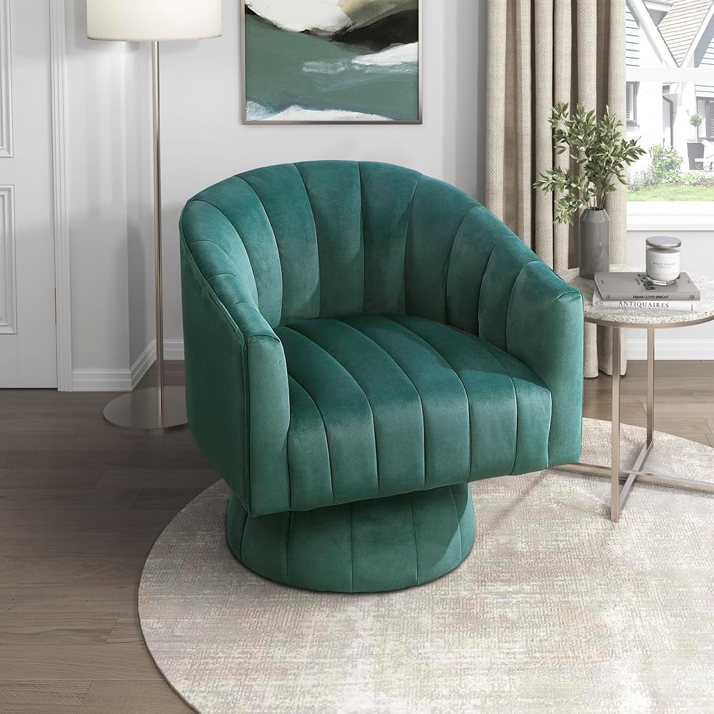 Lexicon Velvet Upholstered Swivel Accent Chair, Channel Stitched,Dark Green