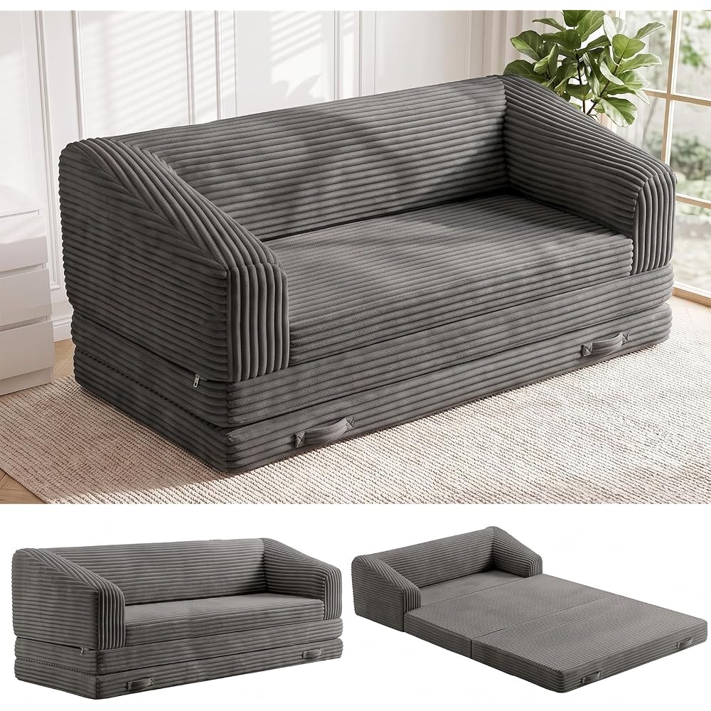JUIKURY Convertible Sofa Bed, 3-in-1 Foldable Loveseat Couch with Armrest, Corduroy Floor Sofa & Sleeper Bed, No Assembly High-Density Foam Futon Mattress for Living Room, Small Apartment, Dorm