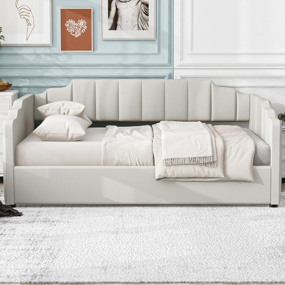 Full Size Daybed, Upholstered Full Daybed Frame with Underneath Storage, Sofa Bed for Bedroom/Living Room, Beige