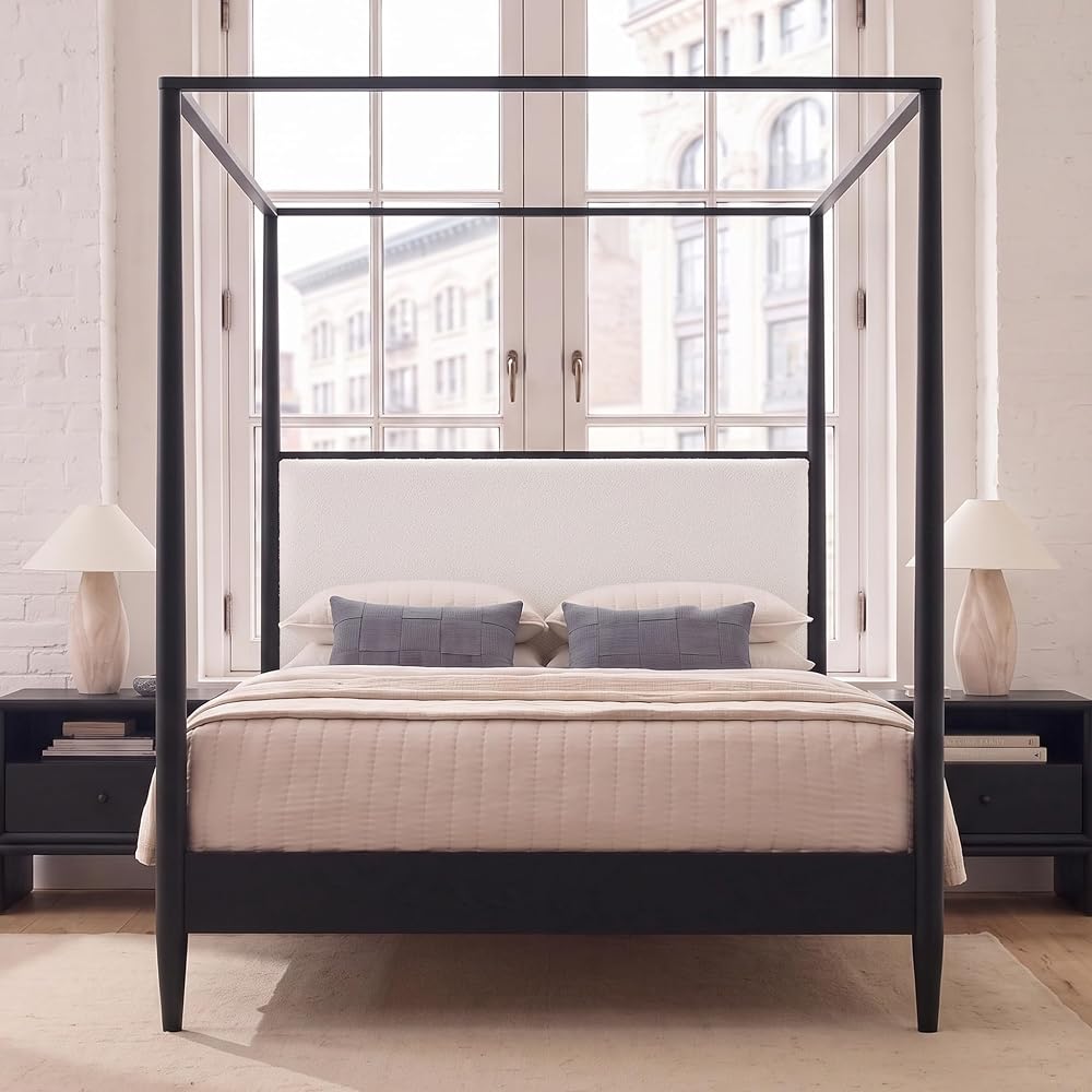 Merax King Canopy Bed with Boucle Headboard ＆ Tapered Legs (Black)