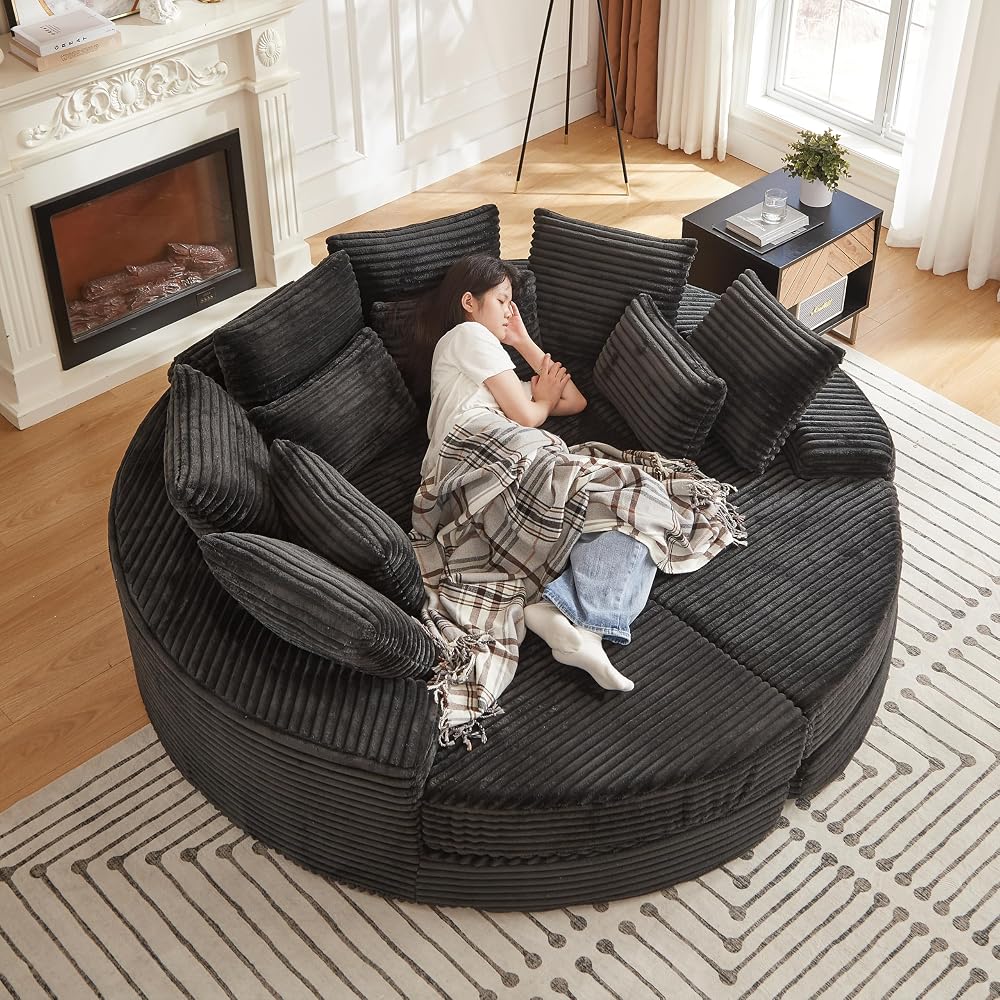 78.5" Boneless Corduroy Round Oversized Recliner, Converts into Two Recliners, 2-in-1 Sofa Bed, Neck Pillow Design with 5 Throw Pillows (Black, 78.5")
