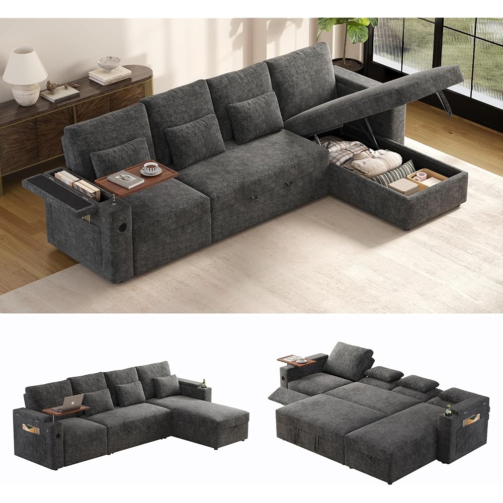 107.8'' Sleeper Sofa Bed, Chenille Gray Pull Out Couch with Storage Chaise