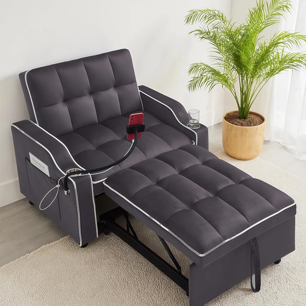 69" Small Pull Out Couch, 3 in 1 Convertible Sofa Bed, Adjustable Backrest with Phone Holder, Side Pocket & USB Port, Modern Sofa for Living Room, Bedroom, Apartment (Gray)