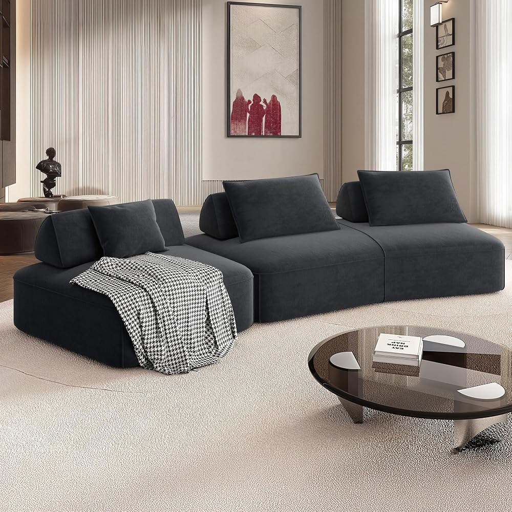 139" Modern Curved Sofa, Cloud Sectional Couch with Adjustable Backrest, Oversized Deep Seat Compressed Couch for Living Room Apartment, No Assembly Required, Chenille Fabric (Dark Grey)